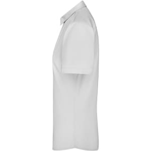 A white button-up shirt for ladies, featuring short sleeves and a collar, with a logo on it.