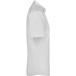 A white button-up shirt for ladies with short sleeves and a collar, featuring a logo on the side.