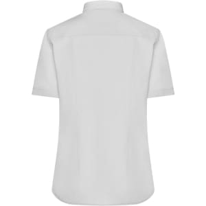 A white ladies button-up shirt with short sleeves, featuring a plain back and a collar. Includes a logo.