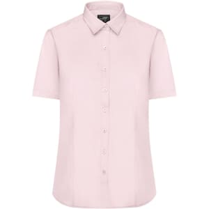 A pink button-up ladies' shirt with short sleeves and a collared neck, featuring a front button closure and a logo.