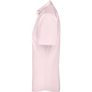 A light pink button-up shirt with short sleeves displayed from the side. Features a collar and a logo.