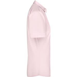 A light pink button-up shirt with short sleeves, featuring a collar and a logo on the side.