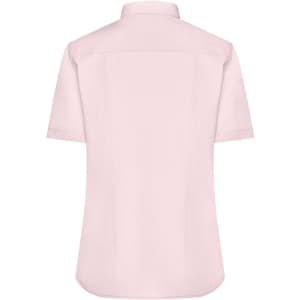 A pink button-up ladies shirt with short sleeves and a collar, featuring a smooth finish and a branded logo.
