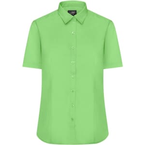 A short-sleeved button-up shirt in vibrant green, featuring a collared neckline and a logo on the label.