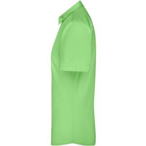 A green button-up shirt with short sleeves and a classic collar, featuring a logo on the side.