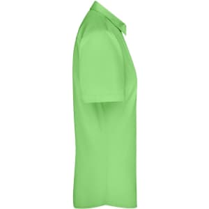 A side view of a short-sleeved, button-up shirt in bright green. The shirt features a collar and has a logo.