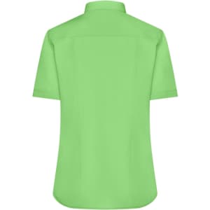 A short-sleeved women's poplin shirt in vibrant green, featuring a classic collar and a logo on the back.