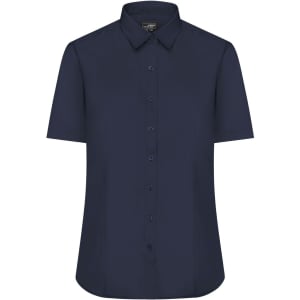 A short-sleeved button-up shirt in navy blue with a structured collar and a branding logo.