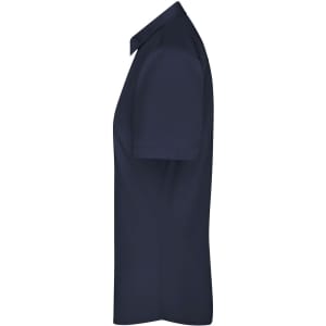 A navy blue ladies button-up shirt with short sleeves and a relaxed fit. Features a simple design and has a logo.
