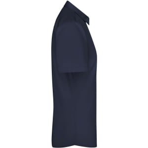 A short-sleeved ladies button-up shirt in navy blue with a collar and a logo.