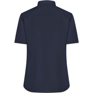 A dark navy blue button-up shirt with short sleeves and a classic collar, featuring a logo.