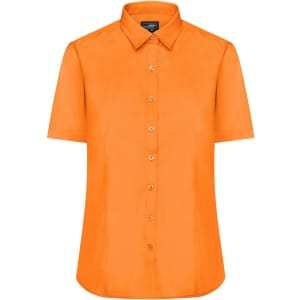 An orange short-sleeved button-up shirt featuring a classic collar and a front button placket.