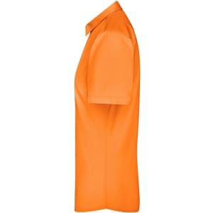 An orange ladies button-up shirt with short sleeves, featuring a collar and a branded logo.