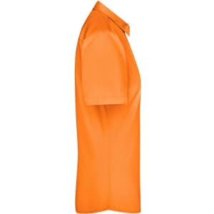 An orange button-up shirt with short sleeves, featuring a collar and a logo.