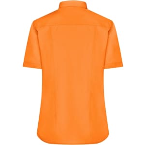 An orange short-sleeve button-up ladies' shirt with a collar and a logo on the back.