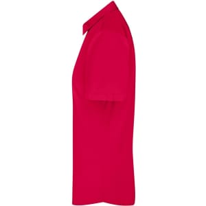 A red button-up ladies shirt with short sleeves, featuring a collar and a logo.