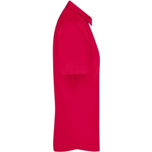 A red button-up shirt with short sleeves, featuring a collar and a logo on the side.