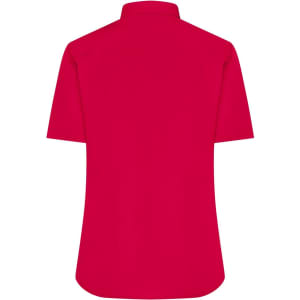 A red ladies short-sleeve button-up shirt with a collar and no visible branding.