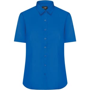 A blue short-sleeve button-up shirt with a classic collar and a logo.