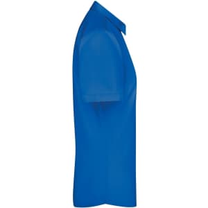 A blue button-up shirt with short sleeves and a collar, featuring a logo on the side.