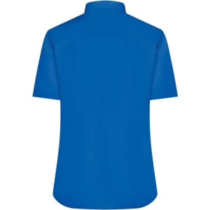 A blue short-sleeved button-up shirt with a smooth finish and a collar, featuring a logo.