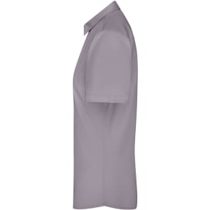 A ladies' button-up shirt in a soft lavender colour, featuring a classic collar and short sleeves, with a logo present.