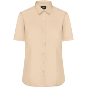 A short-sleeved, button-up shirt in a light beige colour, featuring a collar and a branded logo.