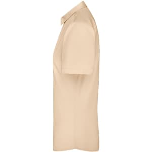 A button-up shirt in a light beige colour with short sleeves and a collar, featuring a logo.