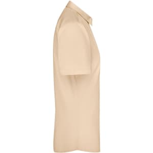 A side view of a beige ladies button-up shirt made from poplin fabric. The shirt features a collar and short sleeves.