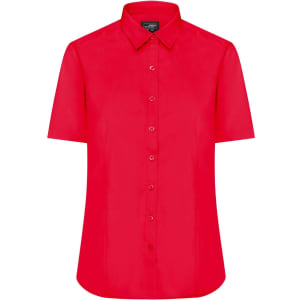 A bright red button-up shirt with short sleeves and a collar, featuring a logo.