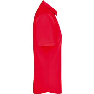 A red button-up shirt with short sleeves and a classic collar. The shirt has a logo detail.