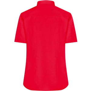 A red button-up shirt with short sleeves and a collar, featuring a logo on the back.