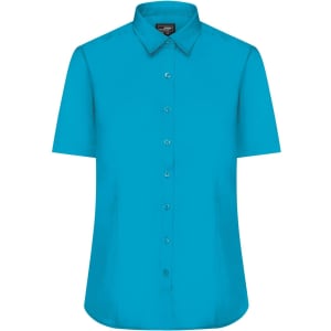 A button-up shirt in vibrant aqua blue with a collar and short sleeves. Features a logo on the label.