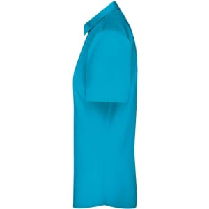 A vibrant turquoise ladies button-up shirt with short sleeves and a classic collar. The shirt features a logo.