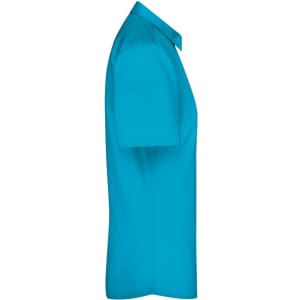 A side view of a turquoise poplin button-up shirt featuring short sleeves and a collar, with a logo present.
