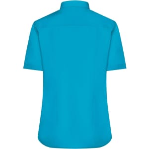 A turquoise short-sleeved button-up shirt with a collar, featuring a plain back design and a logo.