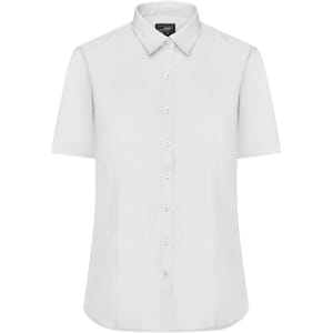 A button-up ladies shirt in white poplin fabric with short sleeves and a collar, featuring a logo.