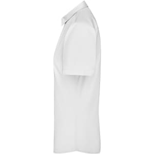 A white short-sleeved button-up shirt with a subtle logo, featuring a classic collar design.