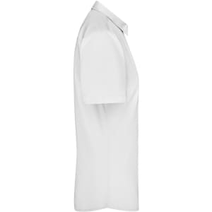 A white button-up shirt with short sleeves, featuring a collar and a logo on the side.