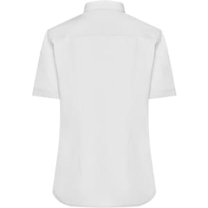 A white button-up shirt with short sleeves and a pointed collar. The back view is shown, featuring a plain design and a logo.