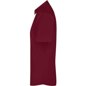 A maroon button-up shirt with short sleeves, featuring a collar and a logo on the side.