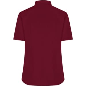 A short-sleeve button-up shirt in a deep burgundy colour with a collar and a plain design, featuring a logo.