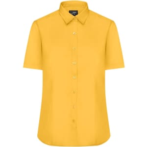 A short-sleeved button-up shirt in bright yellow, featuring a collar and a row of buttons down the front. It has a logo.