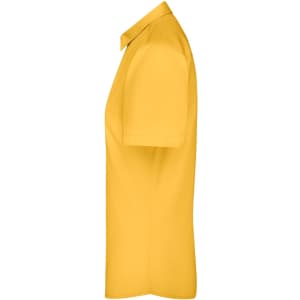 A yellow button-up shirt with short sleeves, featuring a collar and a logo.
