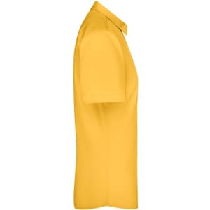 A yellow button-up shirt with a short sleeve and a collar, featuring a logo.