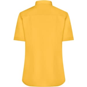 A short-sleeve button-up shirt in bright yellow, featuring a back yoke and a collar. It includes a logo.