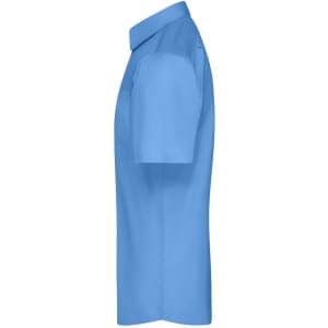 A blue short-sleeved poplin button-up shirt with a collar, featuring a logo.