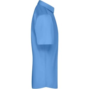 A blue button-up shirt with short sleeves, featuring a collar and one logo on the side.