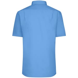A light blue short-sleeved button-up shirt with a plain design and a collar, featuring a logo on the back.