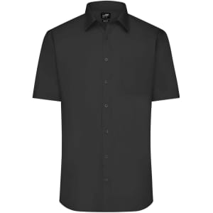 A short-sleeved black button-up shirt with a single pocket and a logo on the label.